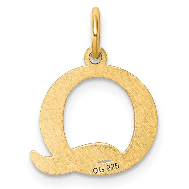 Gold letter Q charm with a loop bail at the top and a small stamped hallmark on the lower portion, shown against a white background.
