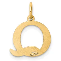 Gold letter Q charm with a loop bail at the top and a small stamped hallmark on the lower portion, shown against a white background.