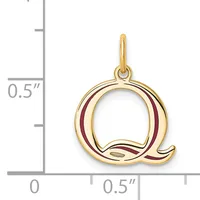 Gold letter Q pendant with burgundy enamel accents, shown next to a ruler indicating approximately 0.5 inches in height.