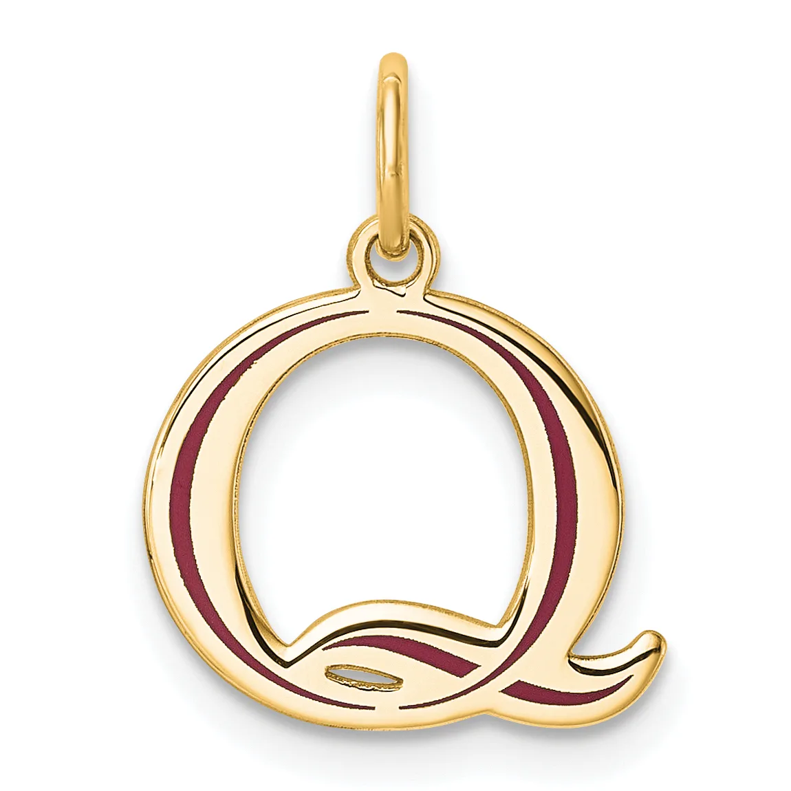 Gold pendant charm shaped like the letter Q with burgundy enamel inlay along the curved edges, suspended from a gold bail loop.