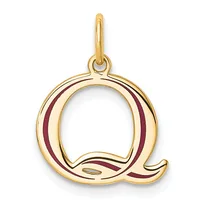 Gold pendant charm shaped like the letter Q with burgundy enamel inlay along the curved edges, suspended from a gold bail loop.