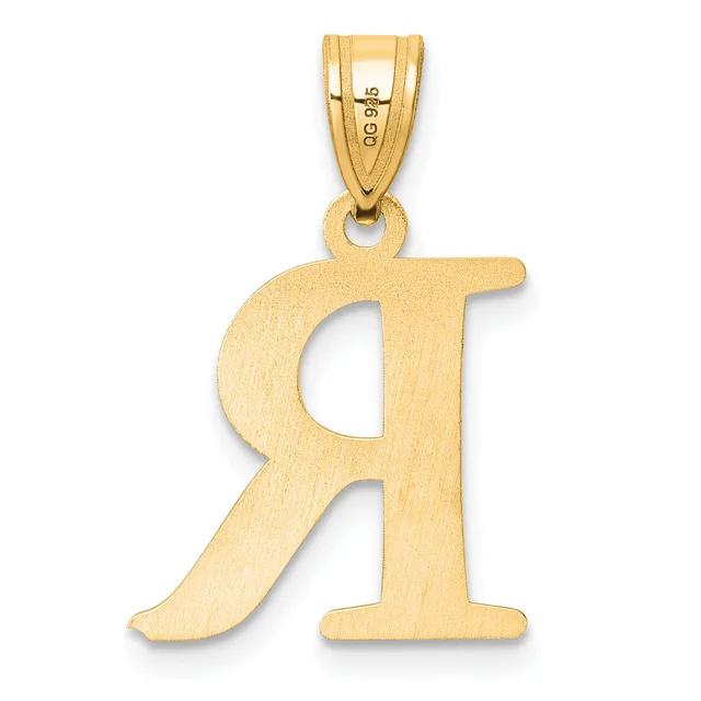 Gold pendant in the shape of the letter R with a brushed finish and a small stamped hallmark on the bail.