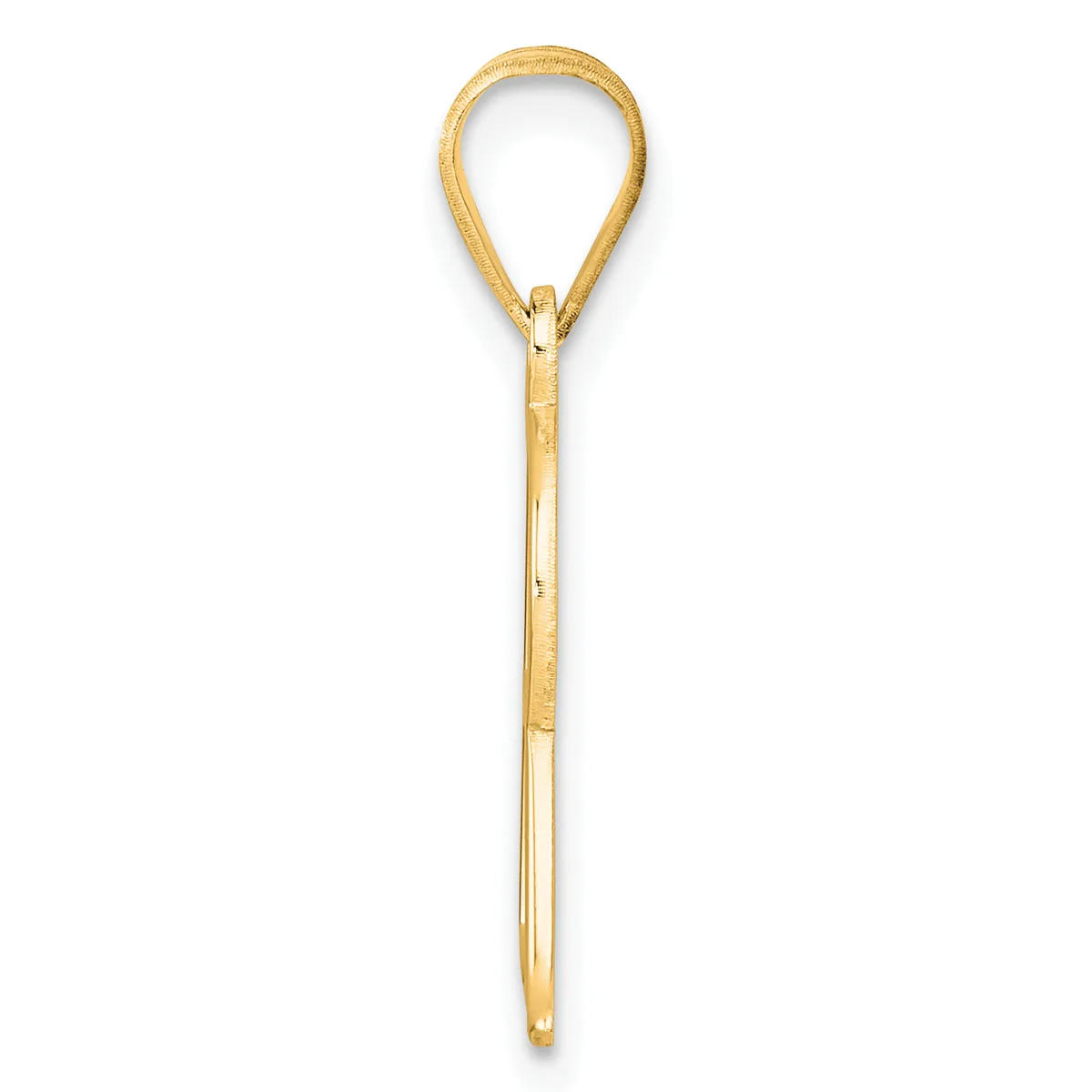 A gold-toned metal teardrop-shaped pendant with a long stem, shown against a white background.