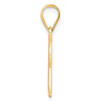A gold-toned metal teardrop-shaped pendant with a long stem, shown against a white background.