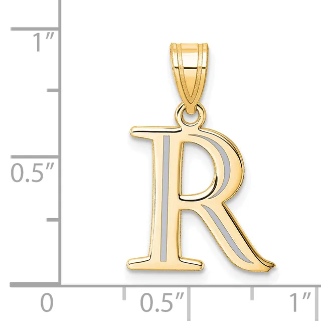 Gold letter R pendant with hollow design and small stamped hallmark, shown next to a ruler indicating approximately one inch in height.