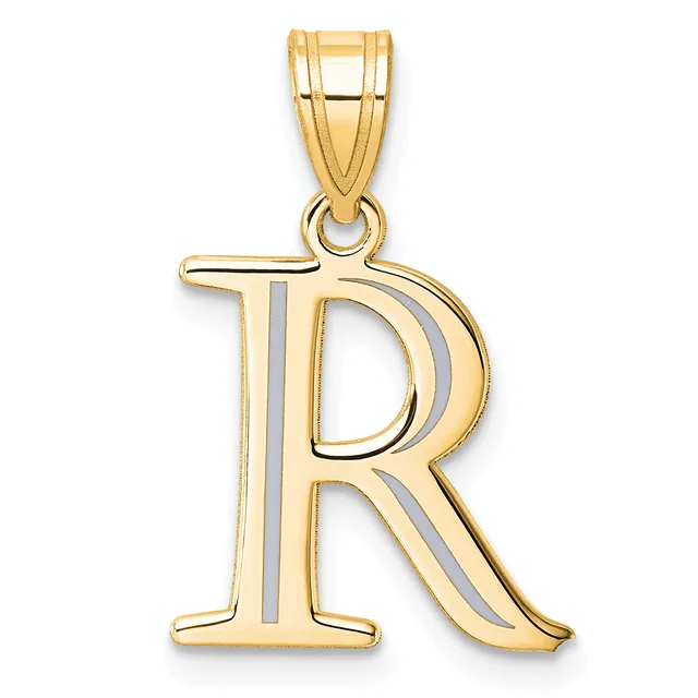 Gold letter R pendant with two-tone striped design and polished bail attachment.