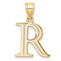 Gold letter R pendant with two-tone striped design and polished bail attachment.