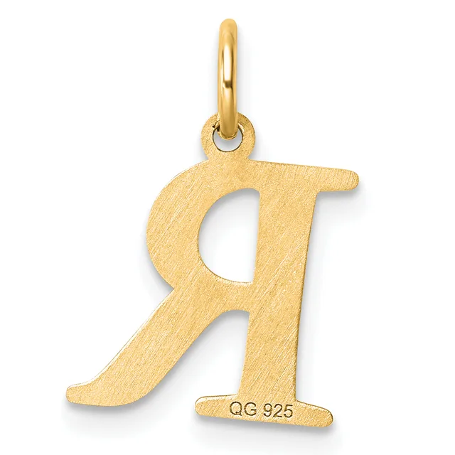 Gold pendant in the shape of the letter R with a textured matte finish and a small stamped hallmark on the lower right, suspended from a polished bail loop.
