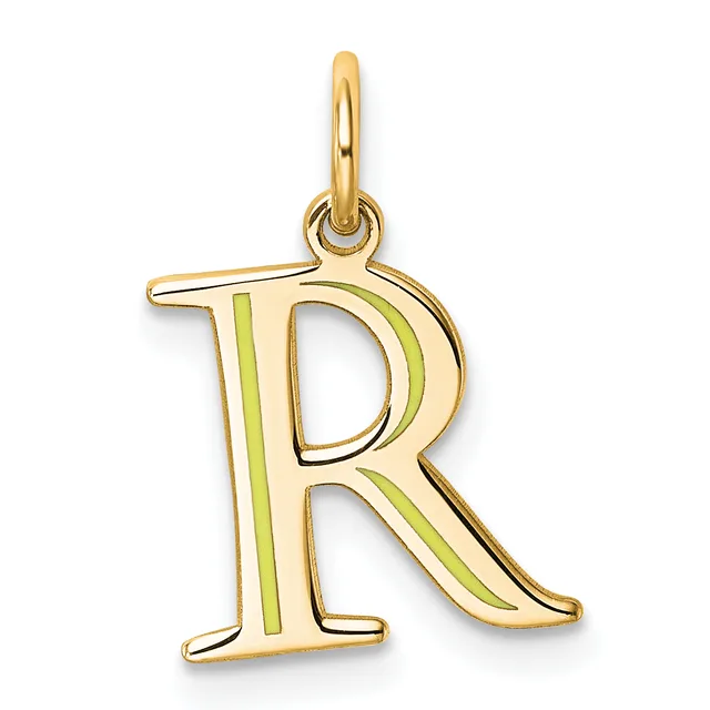 Gold letter R pendant with green enamel accents on the vertical strokes, suspended from a curved bail loop.