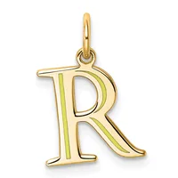 Gold letter R pendant with green enamel accents on the vertical strokes, suspended from a curved bail loop.