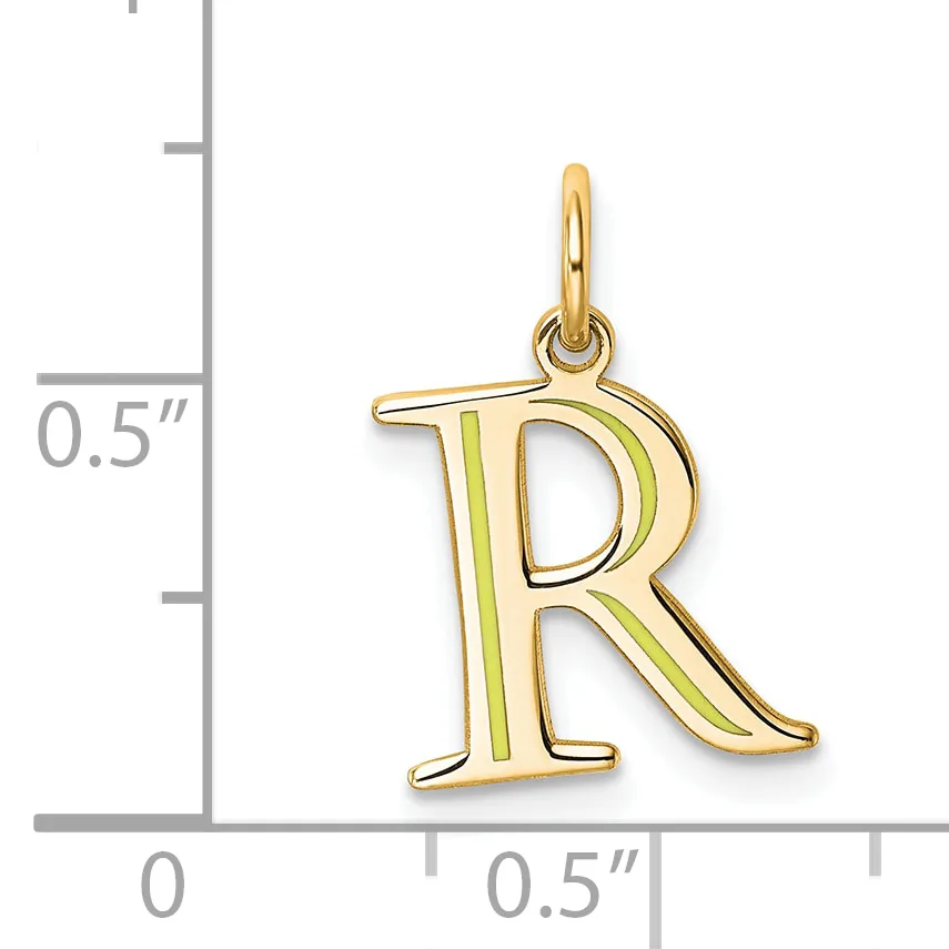 Gold-colored letter R pendant with an open design and a small loop at the top, shown next to a ruler indicating approximately half an inch in height.