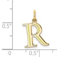 Gold-colored letter R pendant with an open design and a small loop at the top, shown next to a ruler indicating approximately half an inch in height.