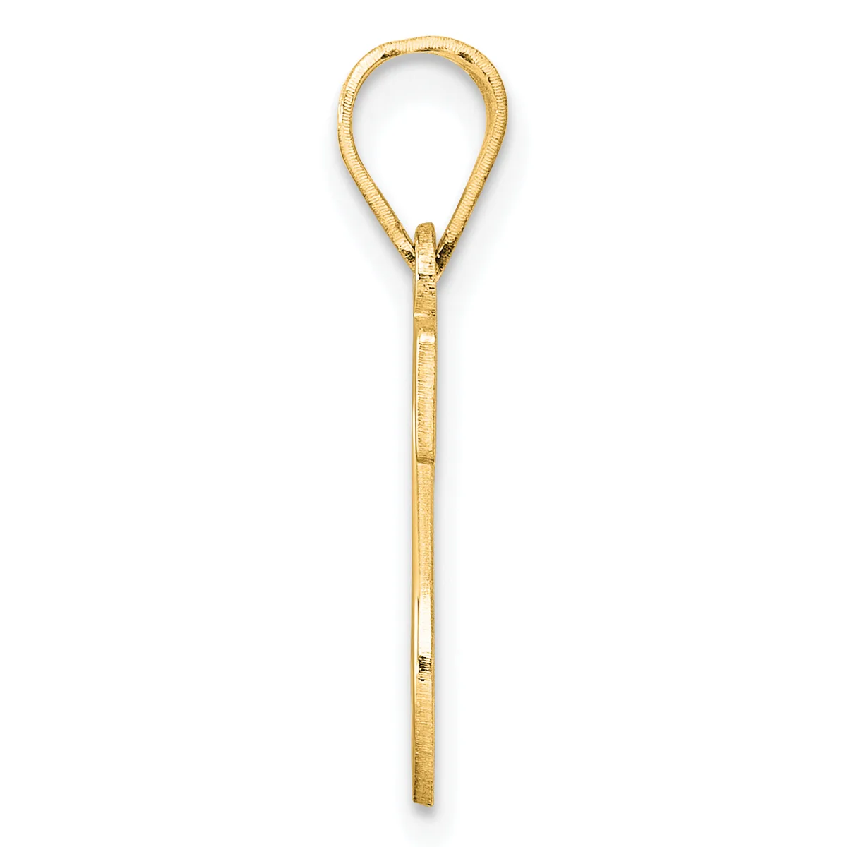A gold teardrop-shaped pendant with a textured surface and an open loop at the top, shown against a white background.