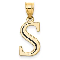 Gold pendant shaped like the letter S with a black enamel curved stripe down the center, suspended from a gold bail.