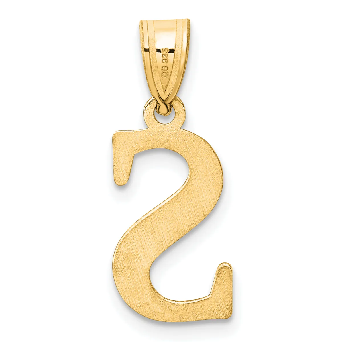 A gold number two pendant with a polished bail loop, displayed against a white background.