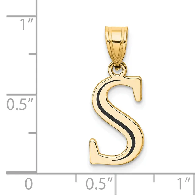 Gold letter S pendant with black enamel stripe detail, shown next to a measurement ruler indicating approximately 0.75 inches tall.