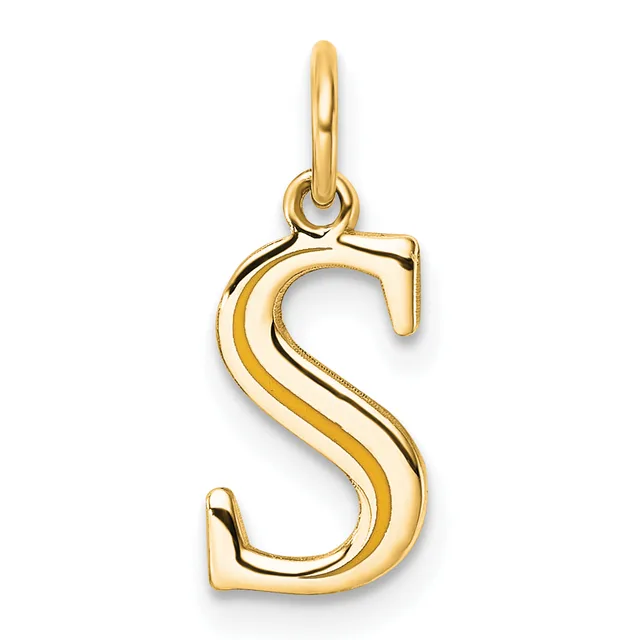 A gold letter S pendant with a loop at the top, featuring a polished finish and curved design with dimensional shading.
