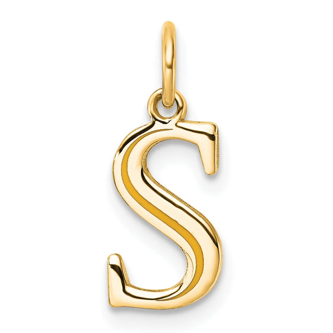 A gold letter S pendant with a loop at the top, featuring a polished finish and curved design with dimensional shading.