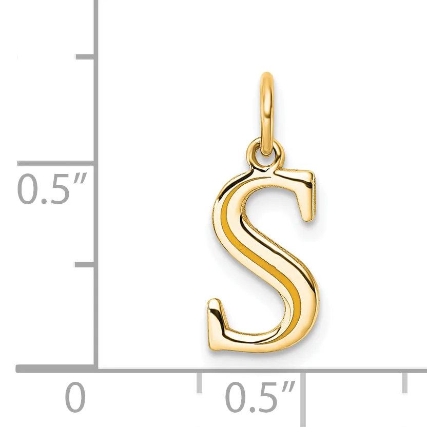 Gold-colored letter S pendant with a polished finish and loop attachment, shown next to a ruler indicating approximately 0.5 inches in height.
