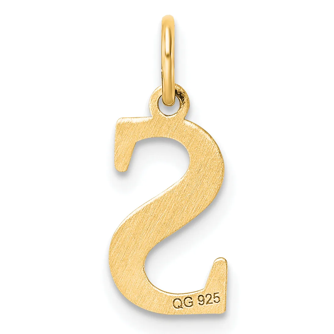 A gold number two pendant with a brushed finish and a small stamped hallmark on the lower right, suspended from a gold bail.