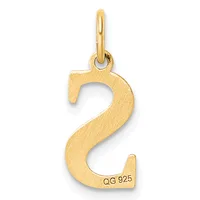 A gold number two pendant with a brushed finish and a small stamped hallmark on the lower right, suspended from a gold bail.