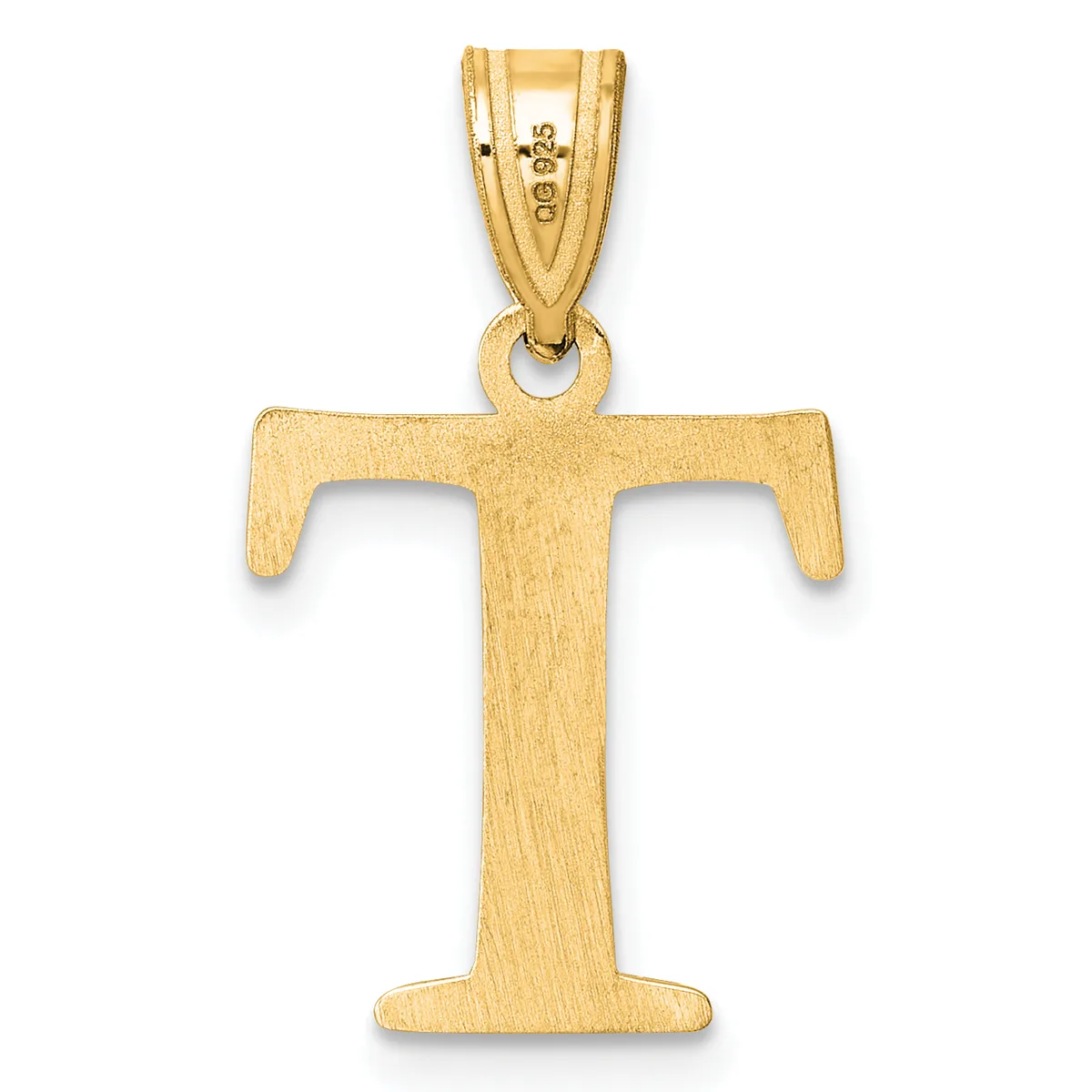 A gold letter T pendant with a brushed finish and small stamped hallmark on the bail, shown against a white background.