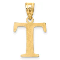 A gold letter T pendant with a brushed finish and small stamped hallmark on the bail, shown against a white background.