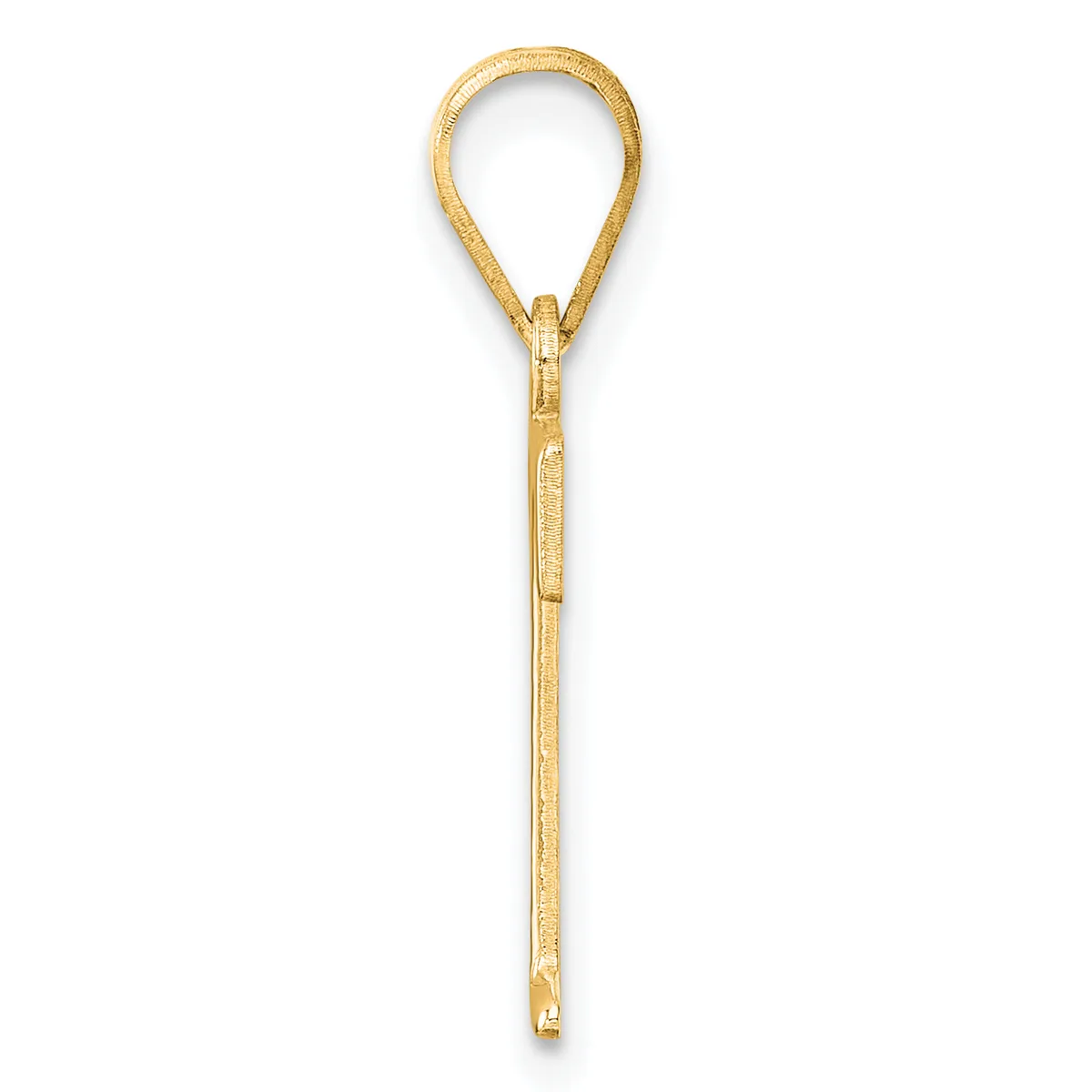 A long gold teardrop-shaped locket pendant with a polished finish and small hinged clasp at the bottom, shown hanging against a white background.