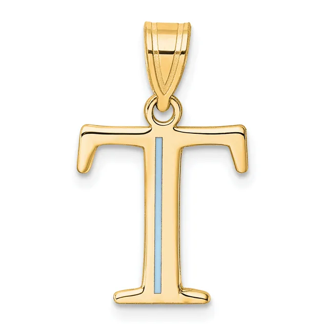 Two-tone gold cross pendant with hollow design and vertical stripe detail, shown suspended from a gold bail.