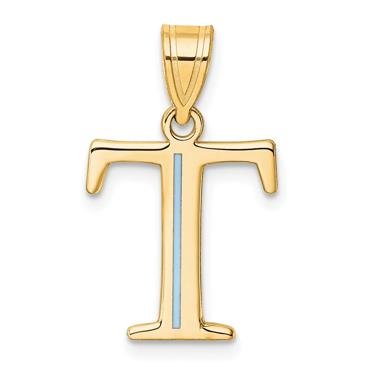 Two-tone gold cross pendant with hollow design and vertical stripe detail, shown suspended from a gold bail.