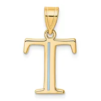 Two-tone gold cross pendant with hollow design and vertical stripe detail, shown suspended from a gold bail.