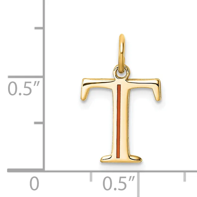 Gold cross pendant with red enamel stripe down the center, shown next to a ruler indicating approximately 0.5 inches in width and height.