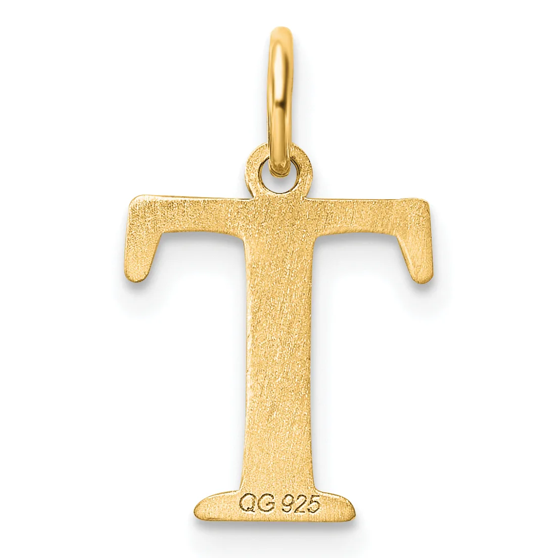 Gold pendant in the shape of the letter T with a textured finish and a small stamped hallmark on the base, suspended from a gold bail.