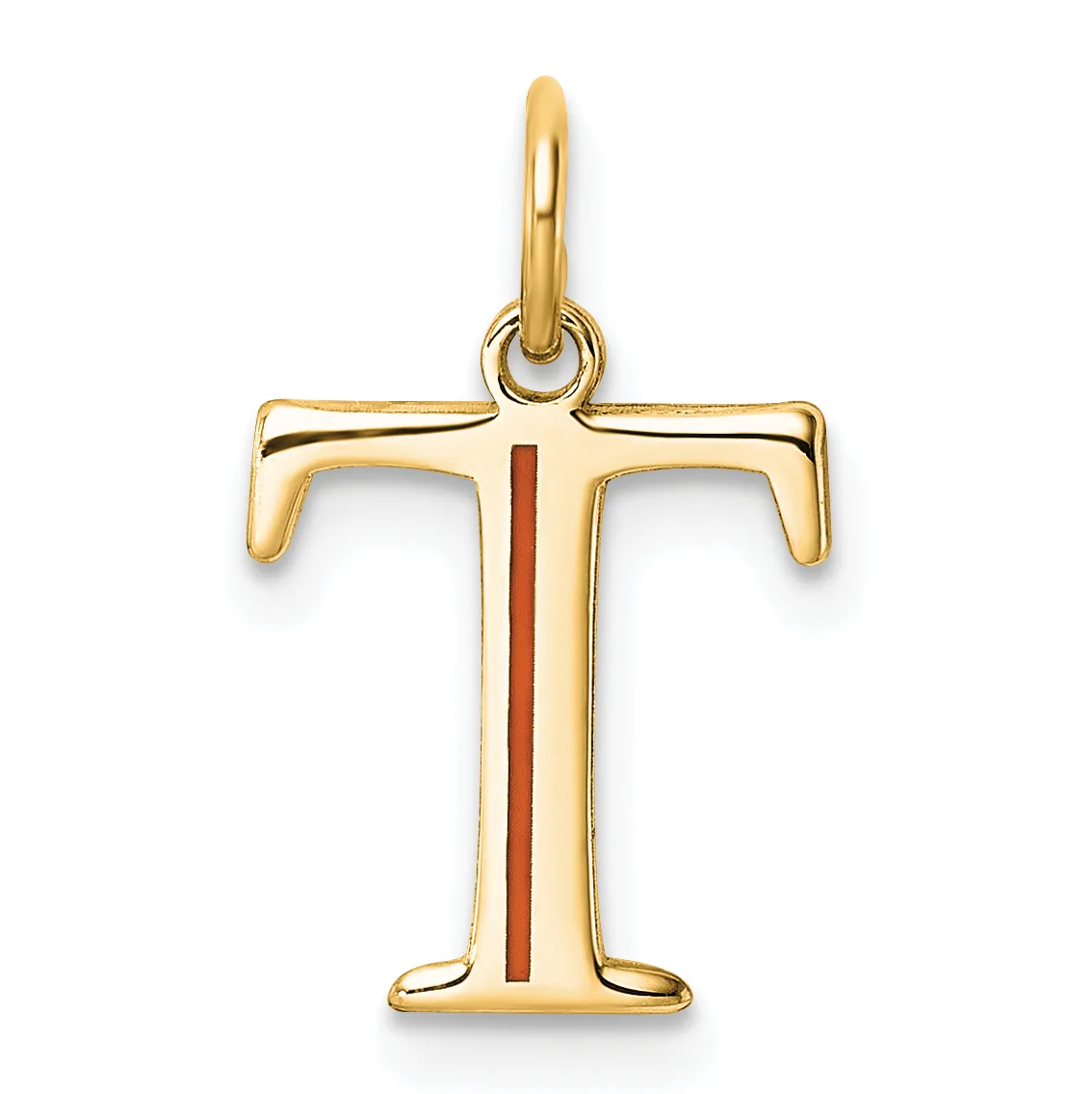 Gold cross pendant with a red enamel vertical stripe down the center, shown hanging from a gold loop bail against a white background.