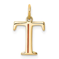 Gold cross pendant with a red enamel vertical stripe down the center, shown hanging from a gold loop bail against a white background.