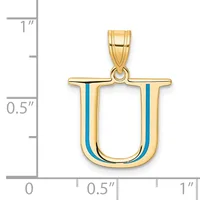 Gold letter U pendant with blue enamel vertical stripes, shown next to a measurement scale indicating approximately one inch in height.