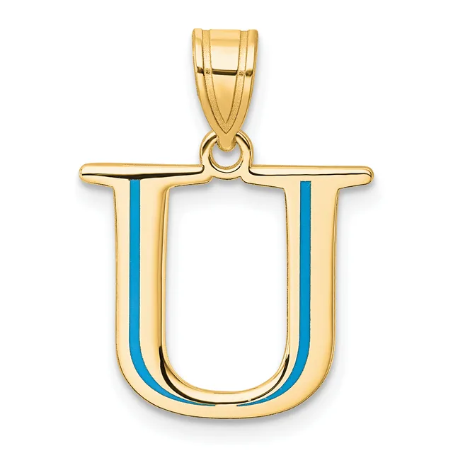 Gold letter U pendant with blue enamel vertical stripes on each side, shown hanging from a gold bail against a white background.