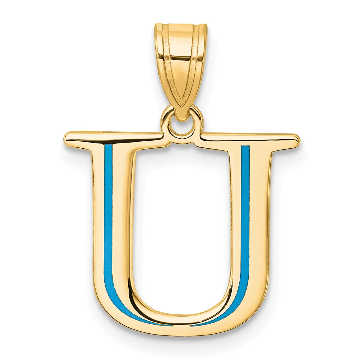 Gold letter U pendant with blue enamel vertical stripes on each side, shown hanging from a gold bail against a white background.