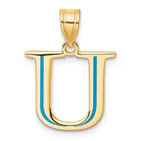Gold letter U pendant with blue enamel vertical stripes on each side, shown hanging from a gold bail against a white background.