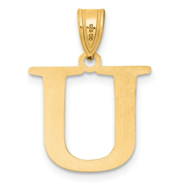 Gold pendant in the shape of the letter U with a brushed finish and a small stamped hallmark on the bail.