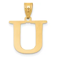 Gold pendant in the shape of the letter U with a brushed finish and a small stamped hallmark on the bail.