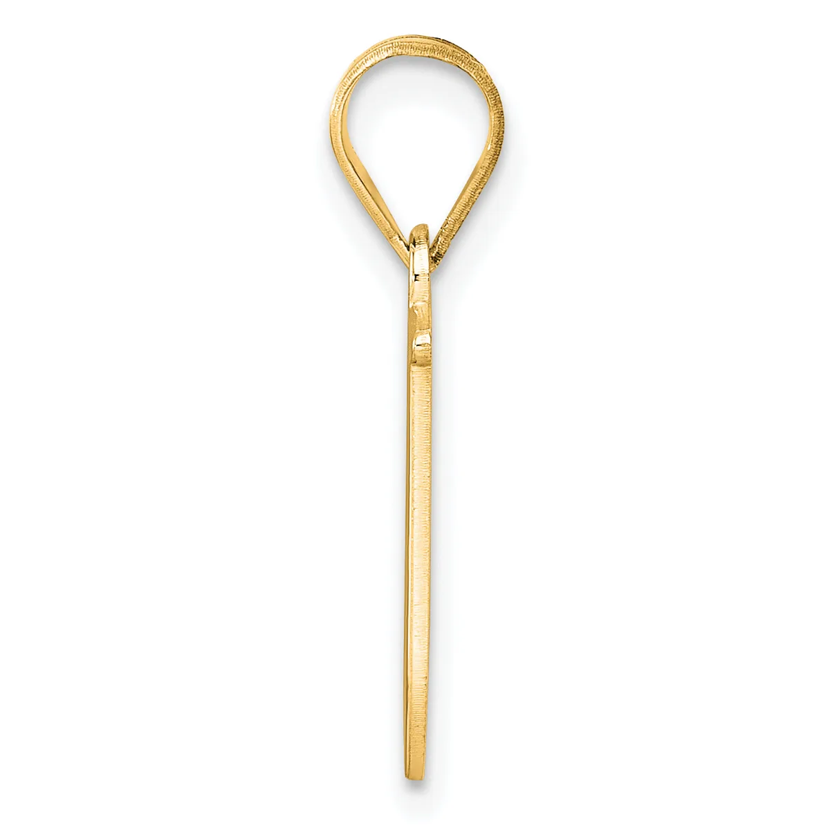 A gold teardrop-shaped pendant with a long stem, shown hanging against a white background.