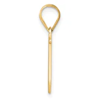 A gold teardrop-shaped pendant with a long stem, shown hanging against a white background.