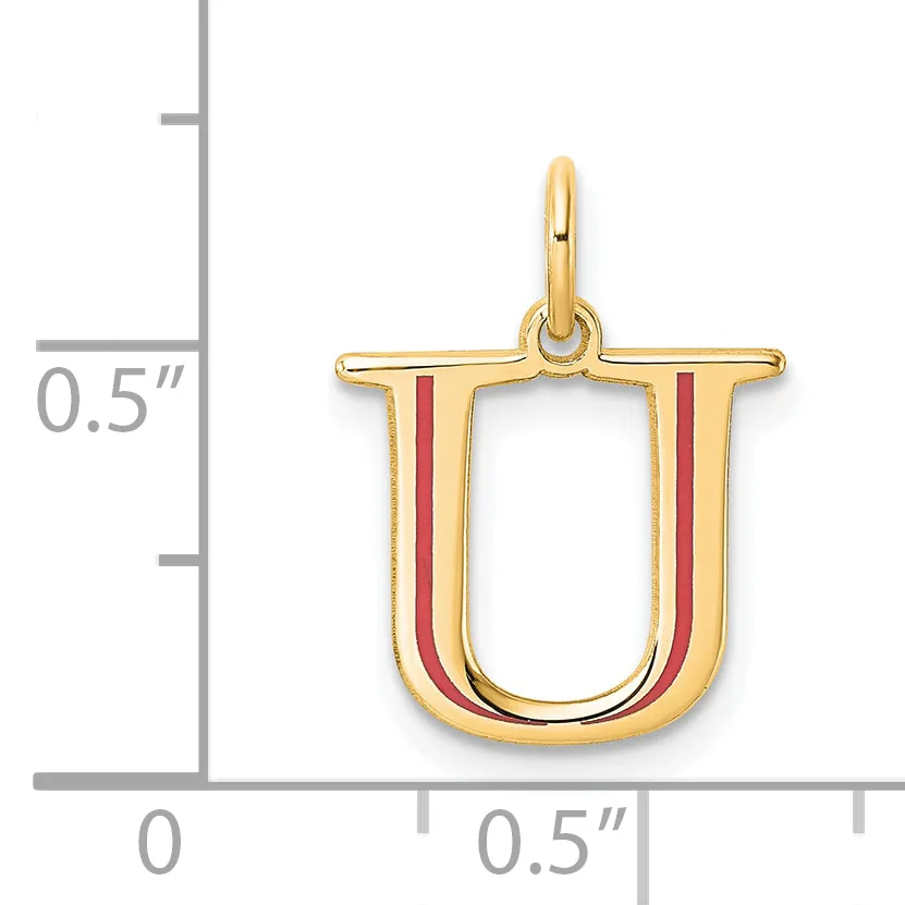 Gold letter U pendant with red enamel vertical stripes, shown next to a ruler indicating approximately 0.5 inches in width and height.