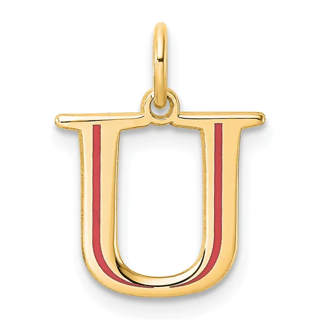 Gold letter U pendant with red enamel stripes down the sides and a small loop at the top for hanging.