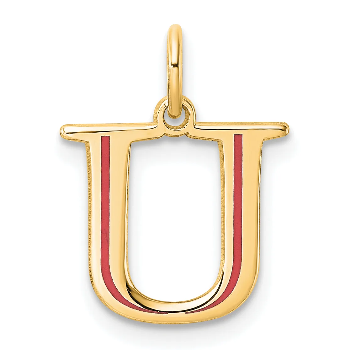 Gold letter U pendant with red enamel stripes down the sides and a small loop at the top for hanging.