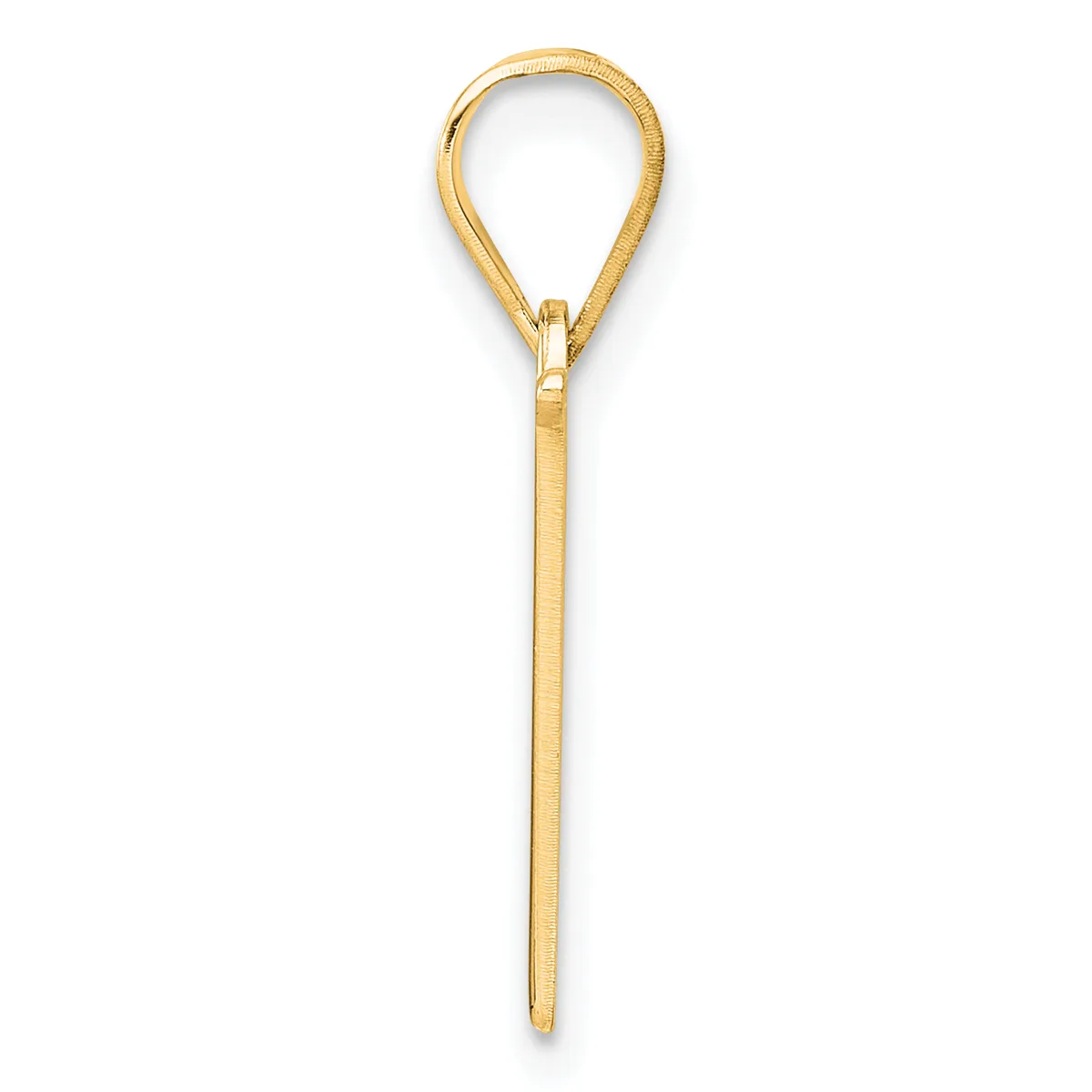 A gold teardrop-shaped pendant with a long stem, shown against a white background.