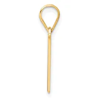 A gold teardrop-shaped pendant with a long stem, shown against a white background.