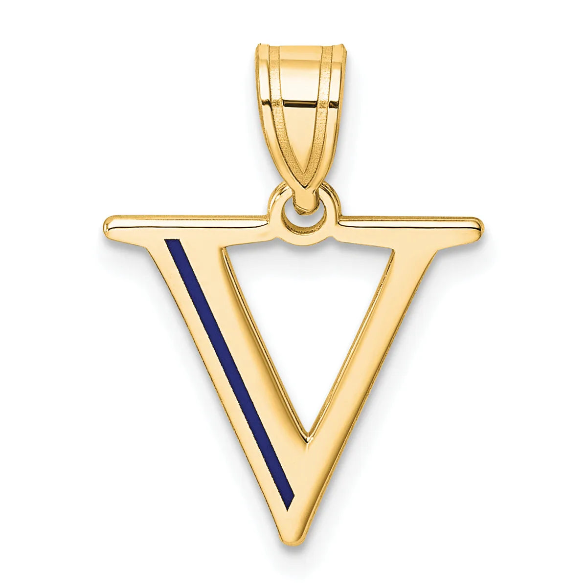Gold triangular pendant with a dark blue enamel stripe on the left side, suspended from a gold bail.