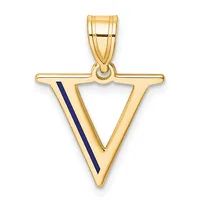 Gold triangular pendant with a dark blue enamel stripe on the left side, suspended from a gold bail.